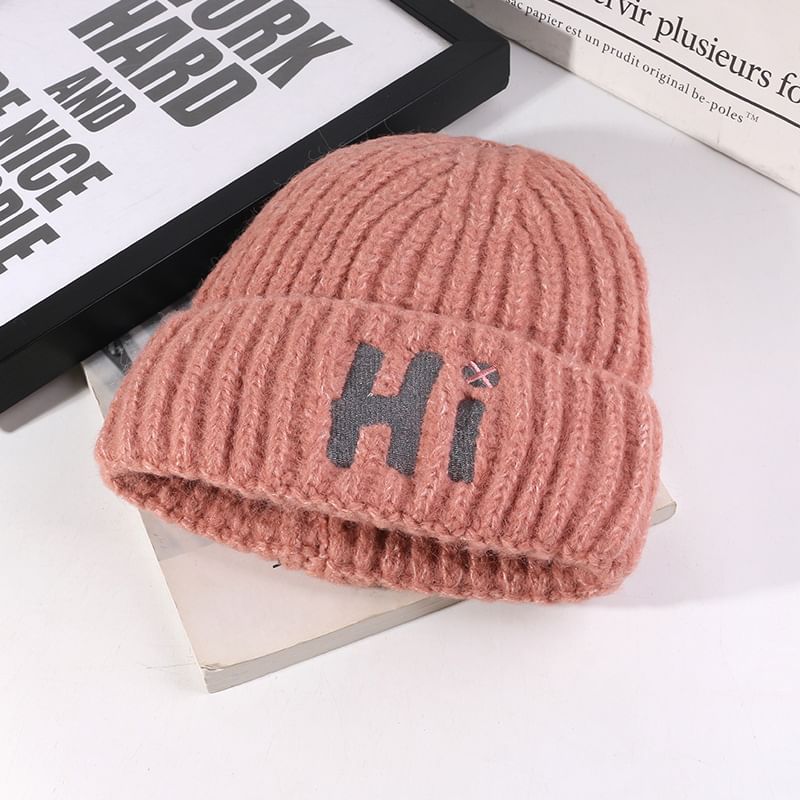Embroidered Lettering Beanie Knit