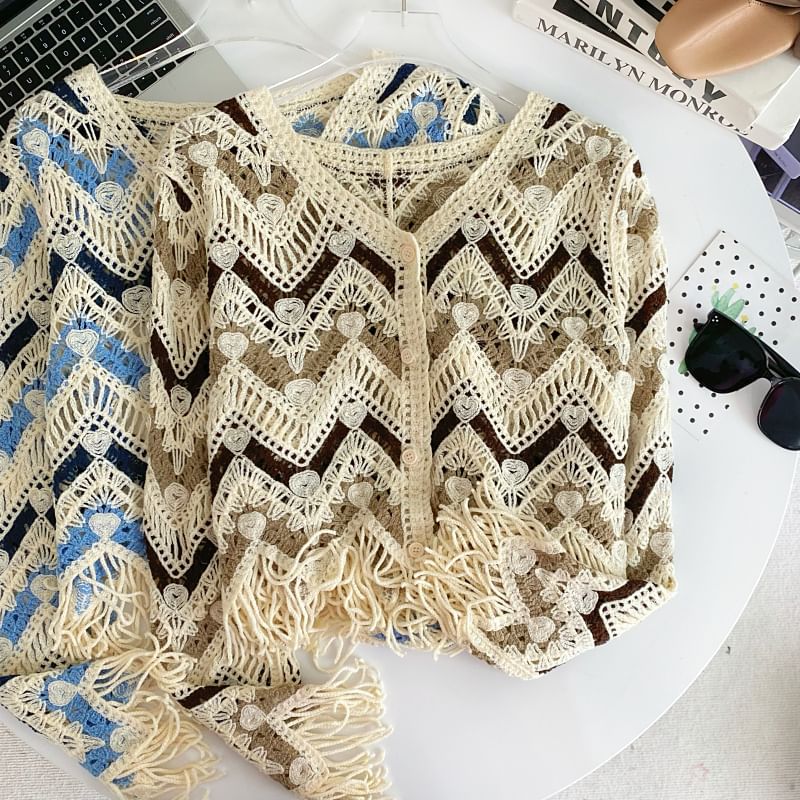 Colorblock V-Neck Fringed Cropped Cardigan