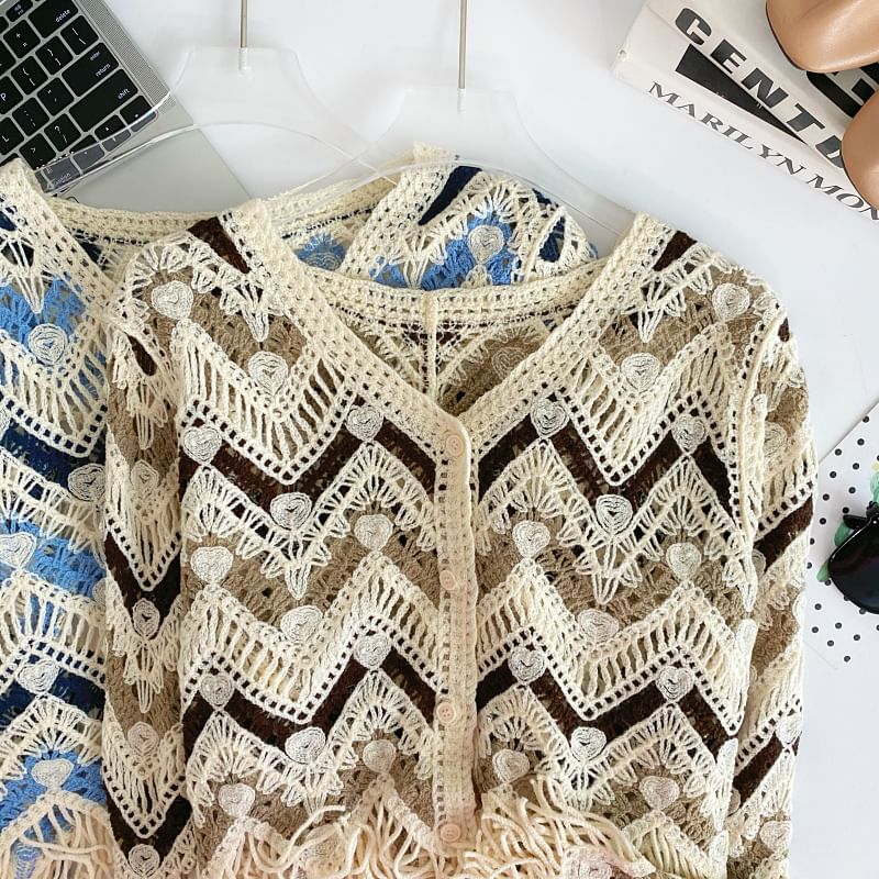 Colorblock V-Neck Fringed Cropped Cardigan