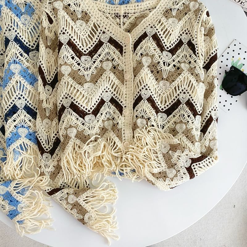 Colorblock V-Neck Fringed Cropped Cardigan