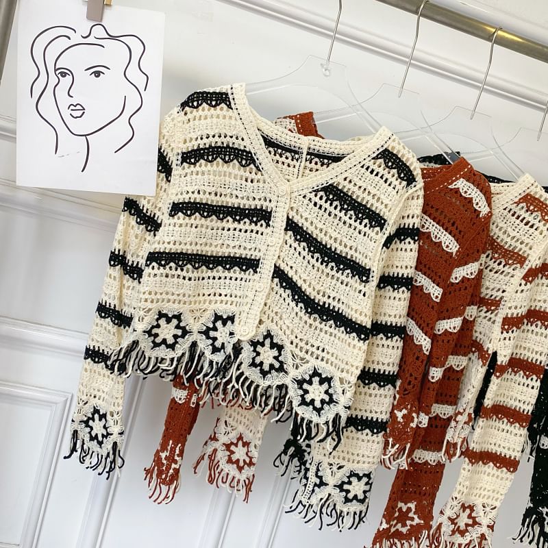 Fringed V-Neck Striped Knit Cardigan