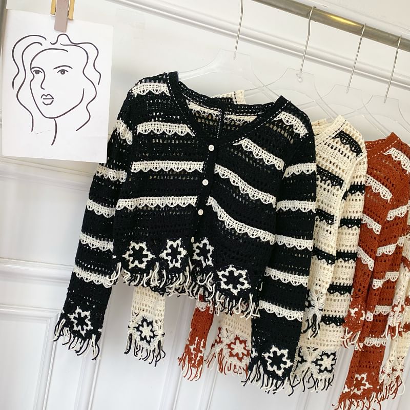 Fringed V-Neck Striped Knit Cardigan