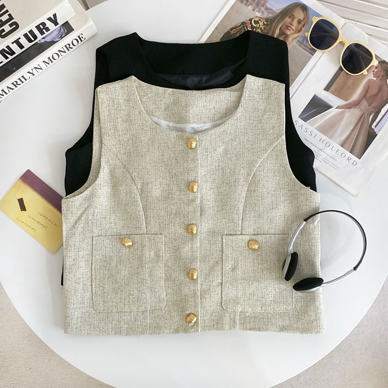 Round Neck Tweed Button Vest