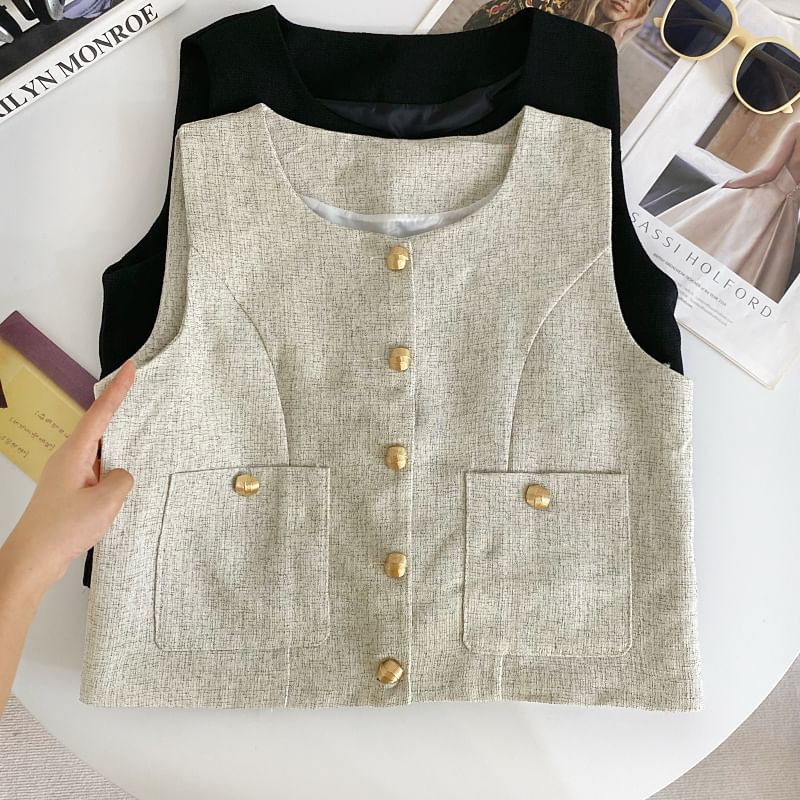 Round Neck Tweed Button Vest