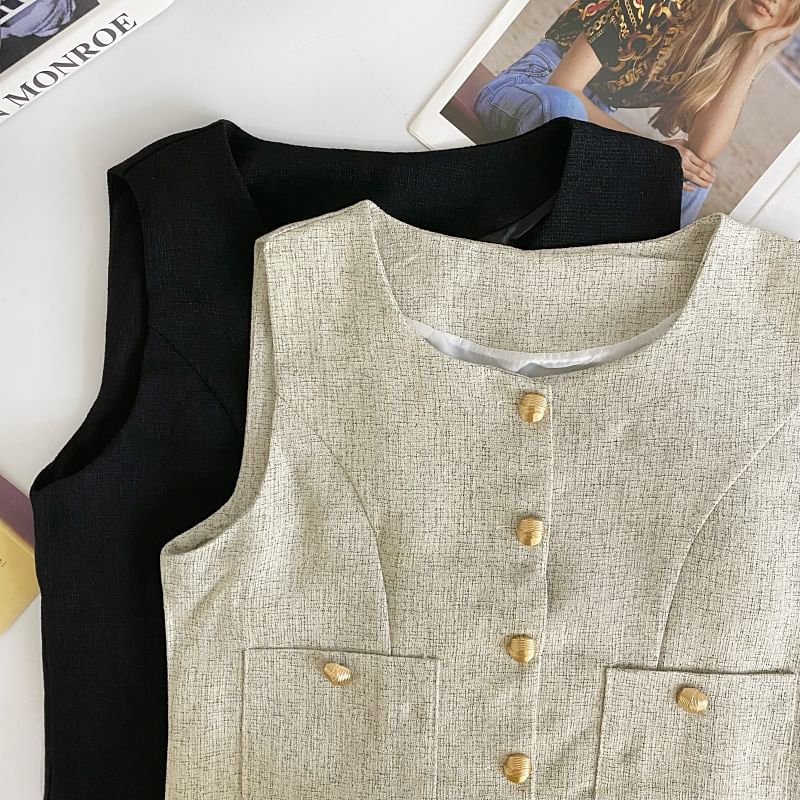 Round Neck Tweed Button Vest