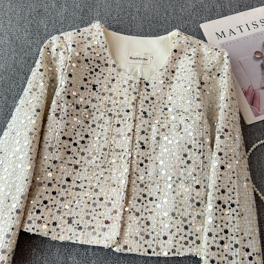 Round Neck Sequin Tweed Cropped Jacket