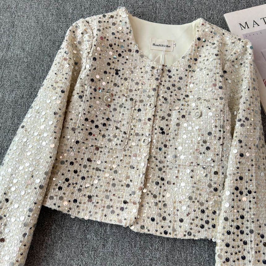 Round Neck Sequin Tweed Cropped Jacket