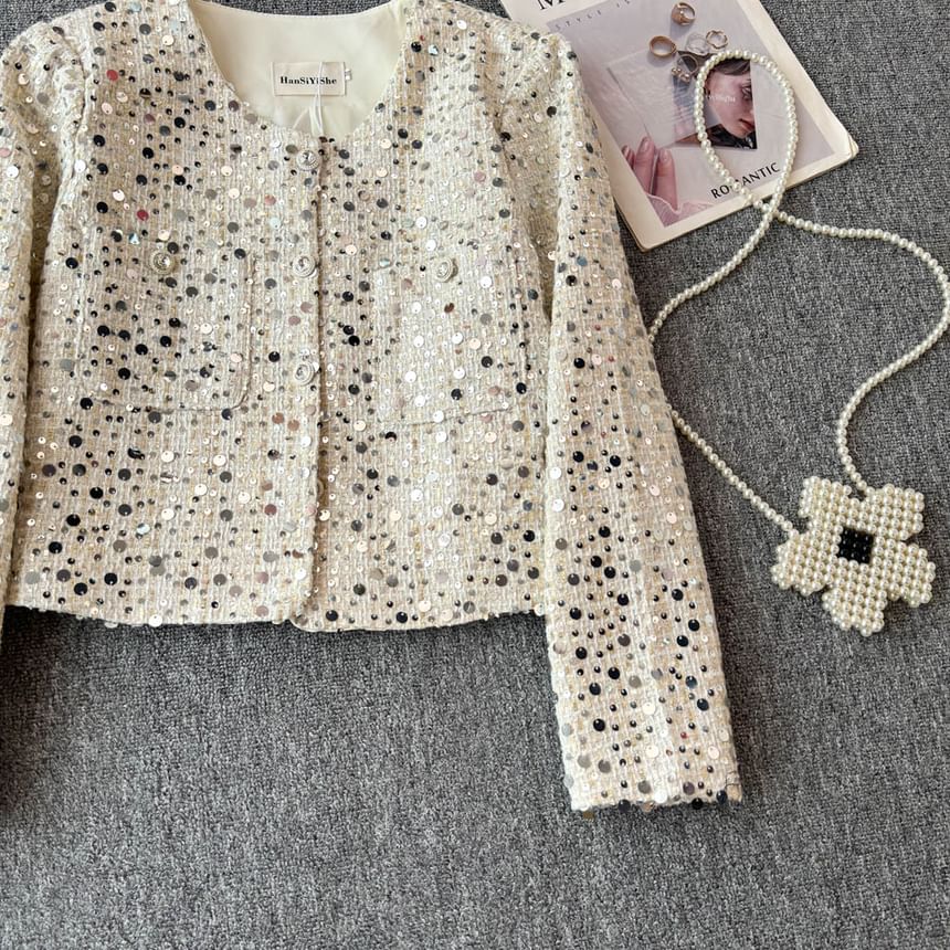 Round Neck Sequin Tweed Cropped Jacket