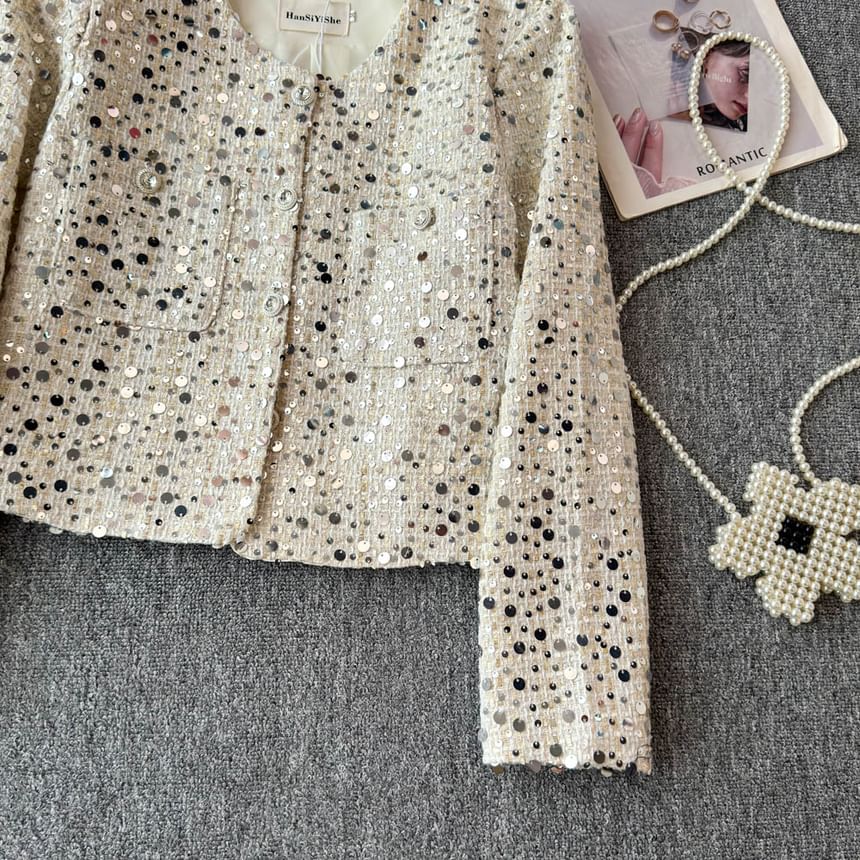 Round Neck Sequin Tweed Cropped Jacket