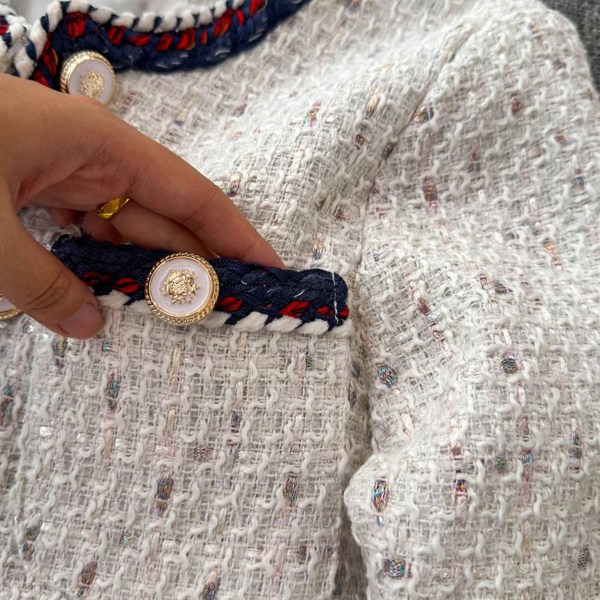 Long Sleeve Braided Trim Tweed Blazer