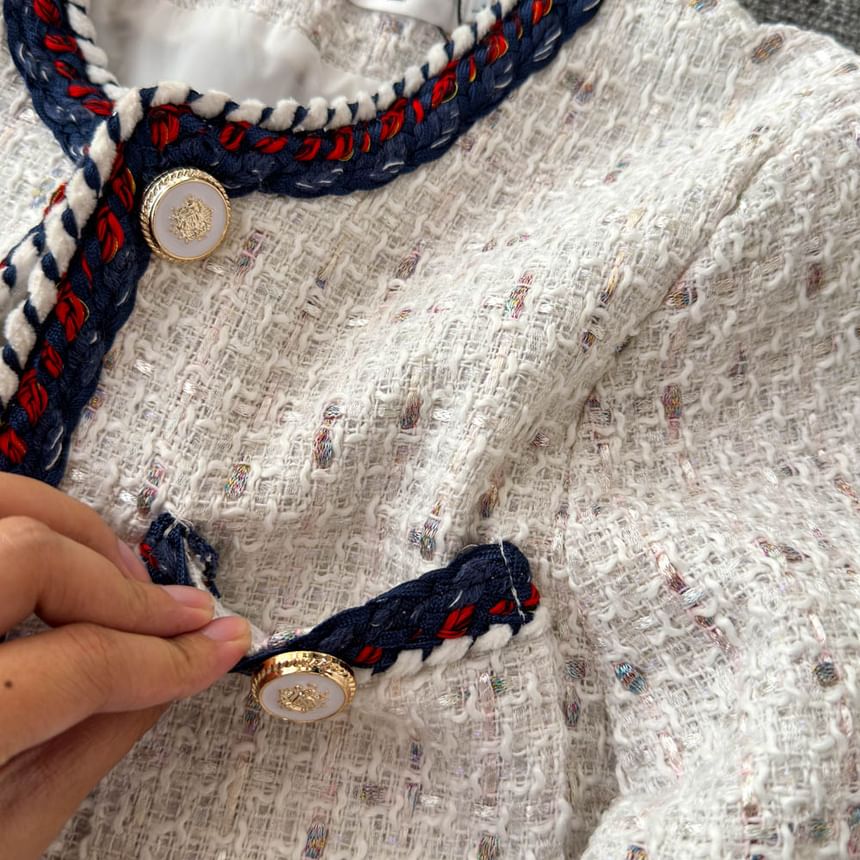 Long Sleeve Braided Trim Tweed Blazer