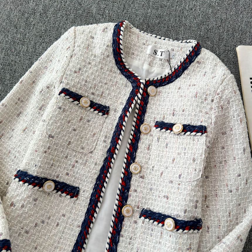 Long Sleeve Braided Trim Tweed Blazer