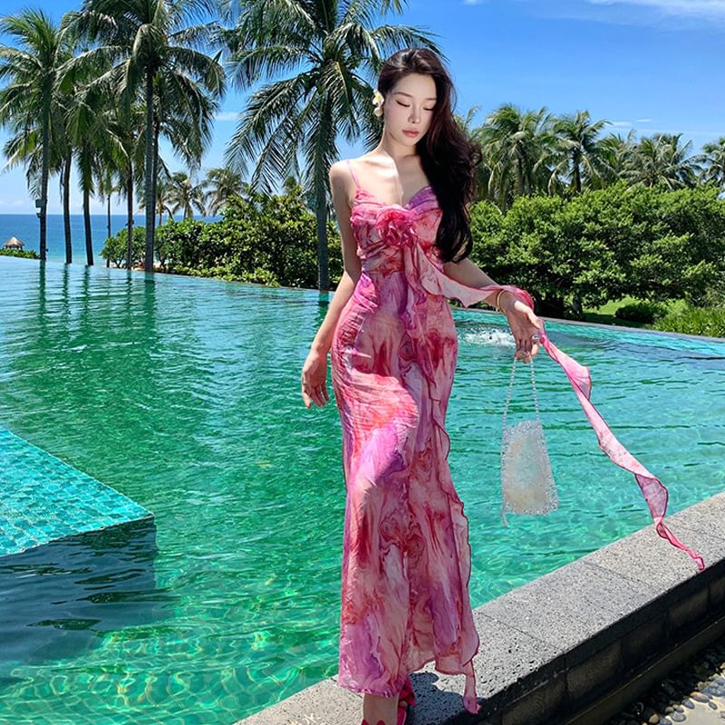 Midi Trim Tie Strap Sundress Accent Ruffle Dye Flower Spaghetti A-Line