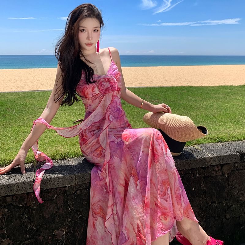 Midi Trim Tie Strap Sundress Accent Ruffle Dye Flower Spaghetti A-Line