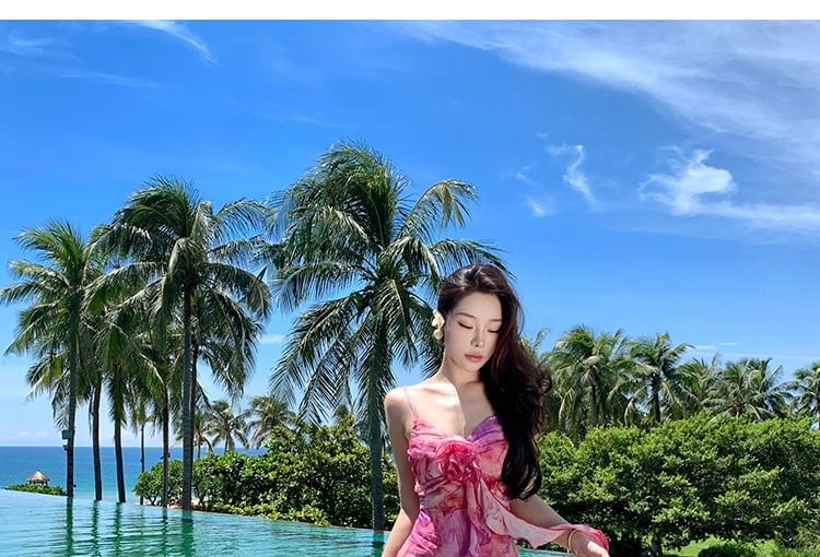 Midi Trim Tie Strap Sundress Accent Ruffle Dye Flower Spaghetti A-Line