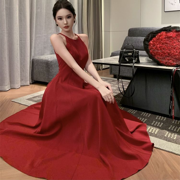 Dress Spaghetti A-Line Plain Strap Midi