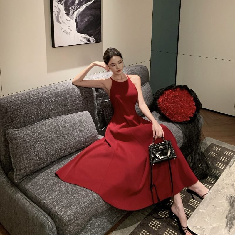 Dress Spaghetti A-Line Plain Strap Midi