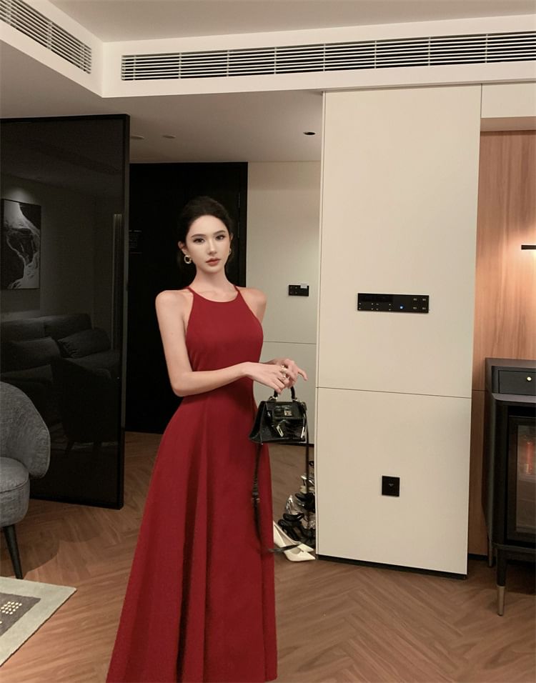 Dress Spaghetti A-Line Plain Strap Midi