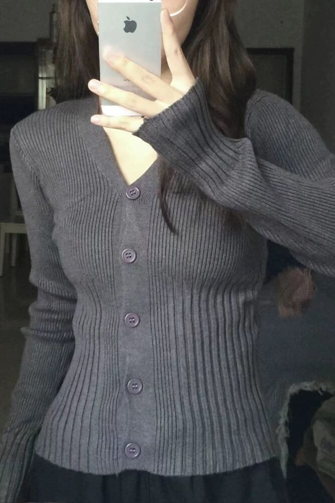 Ribbed V-Neck Cropped Knit Cardigan