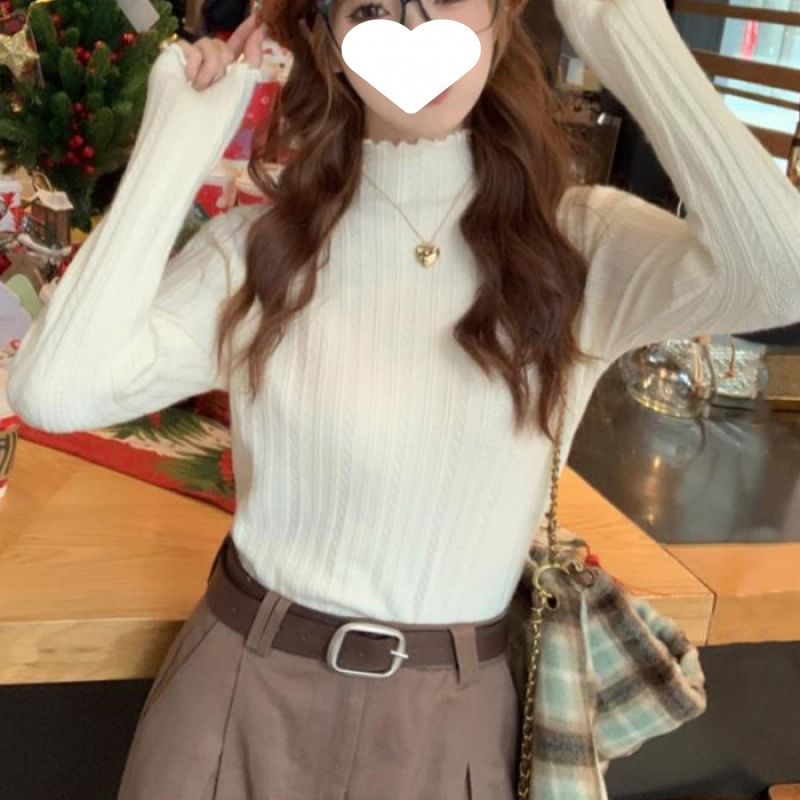 Lettuce Knit Plain Mock Top Neck Long-Sleeve Edge