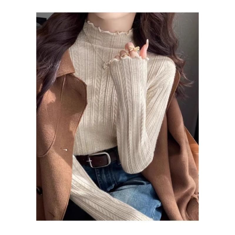 Lettuce Knit Plain Mock Top Neck Long-Sleeve Edge