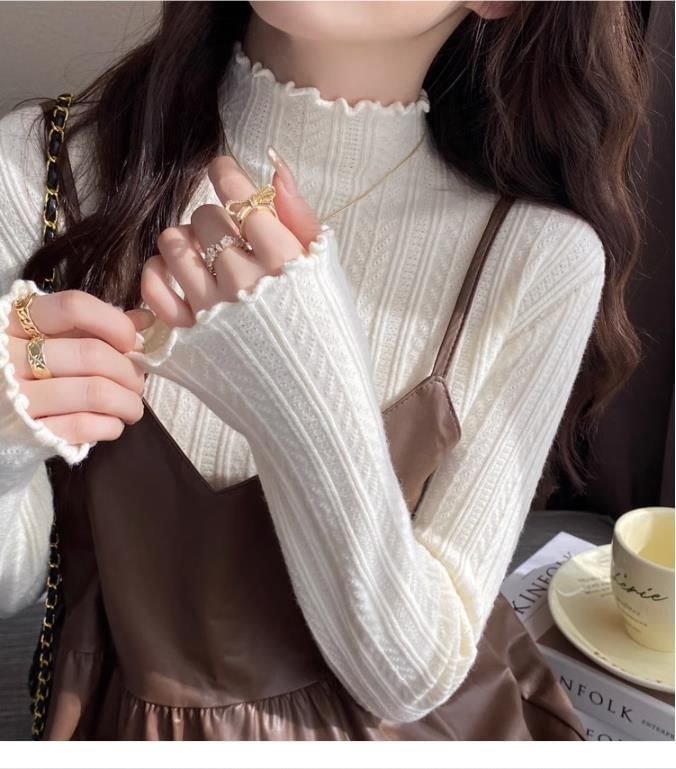 Lettuce Knit Plain Mock Top Neck Long-Sleeve Edge