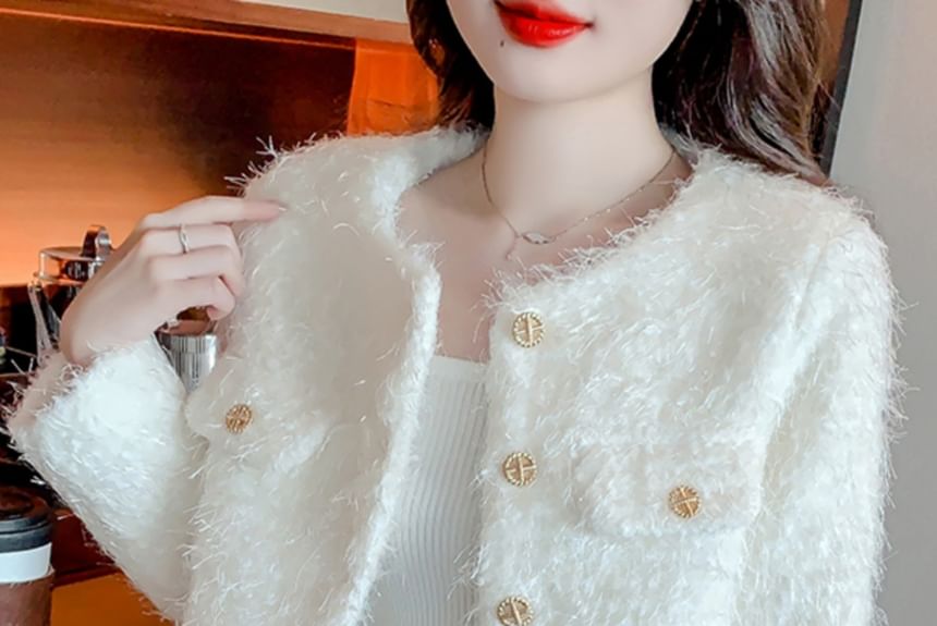 Crew Neck Plain Button-Up Tweed Jacket