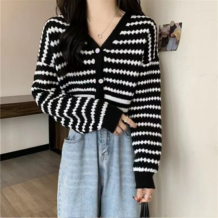 Striped V-Neck Cropped Knit Cardigan