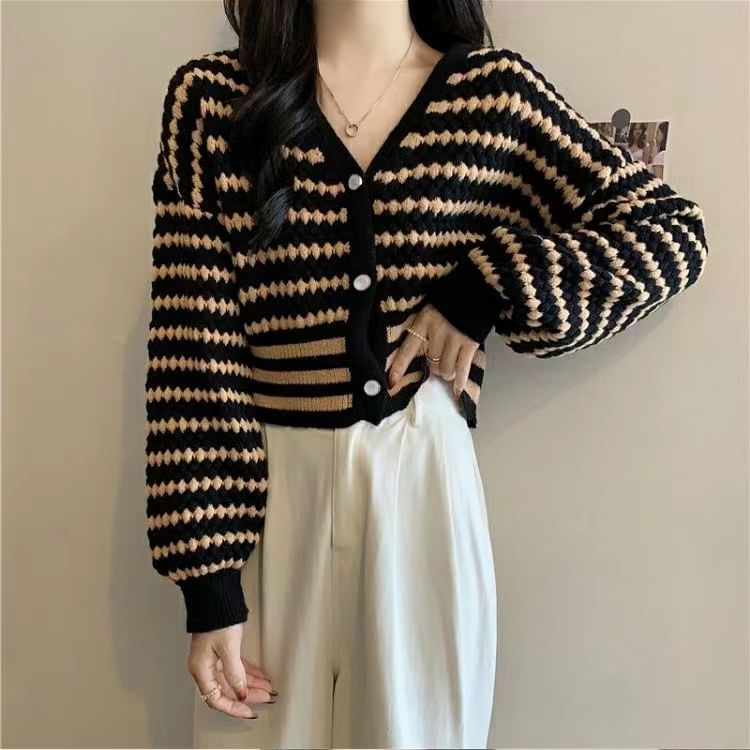 Striped V-Neck Cropped Knit Cardigan