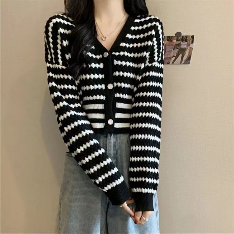 Striped V-Neck Cropped Knit Cardigan