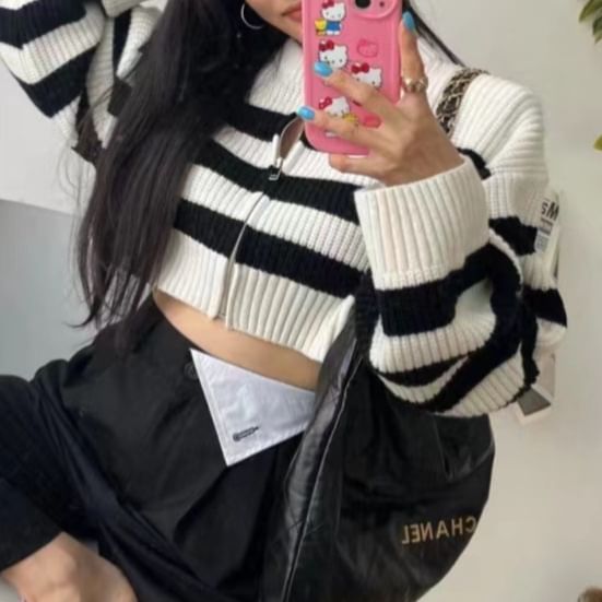 Striped Round Neck Cropped Zip Cardigan
