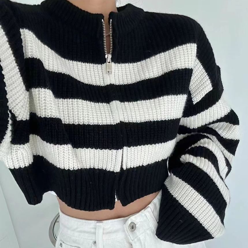 Striped Round Neck Cropped Zip Cardigan
