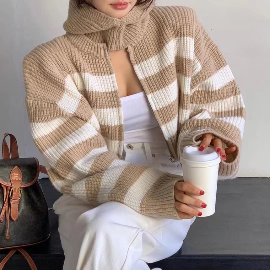 Striped Round Neck Cropped Zip Cardigan