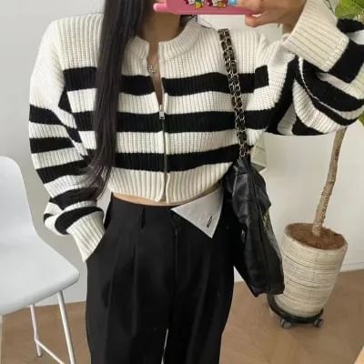 Striped Round Neck Cropped Zip Cardigan