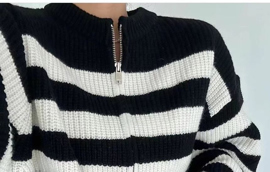 Striped Round Neck Cropped Zip Cardigan
