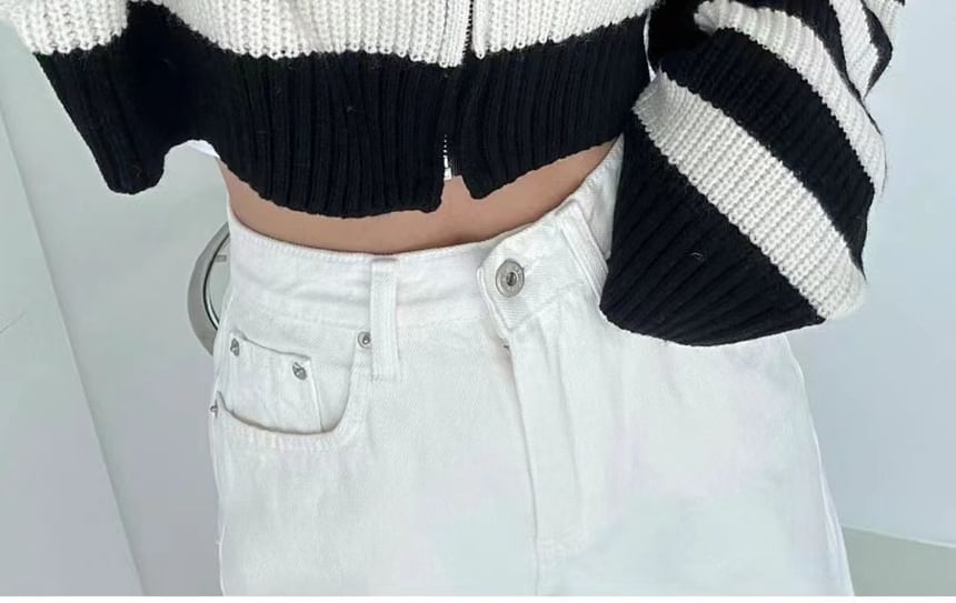 Striped Round Neck Cropped Zip Cardigan