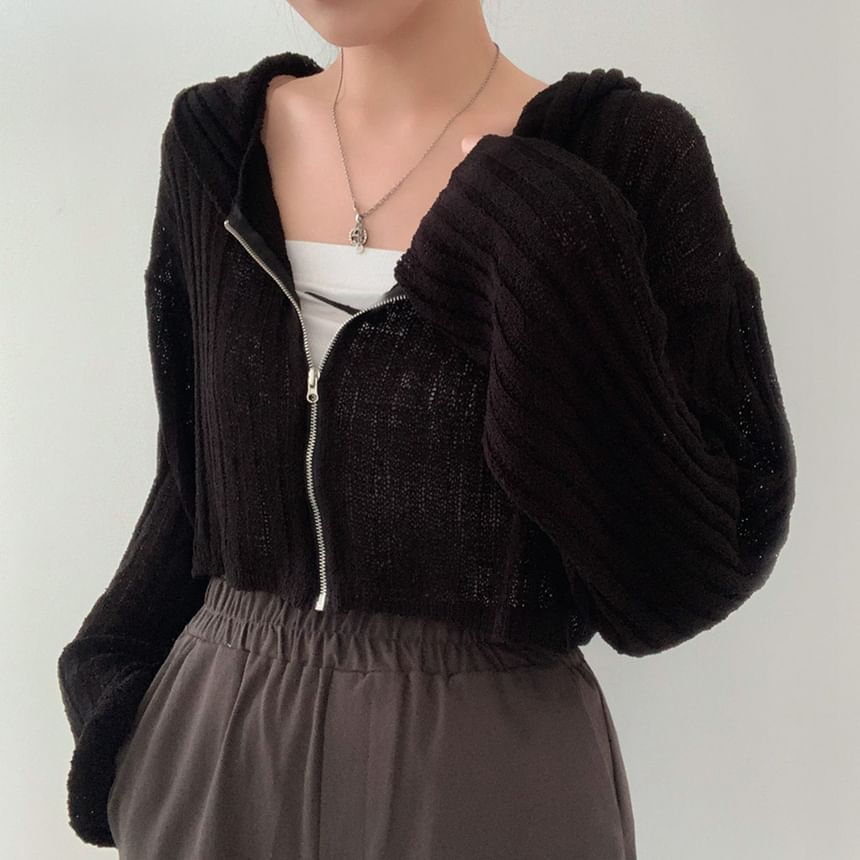 Hooded Cropped Zip-Front Cardigan