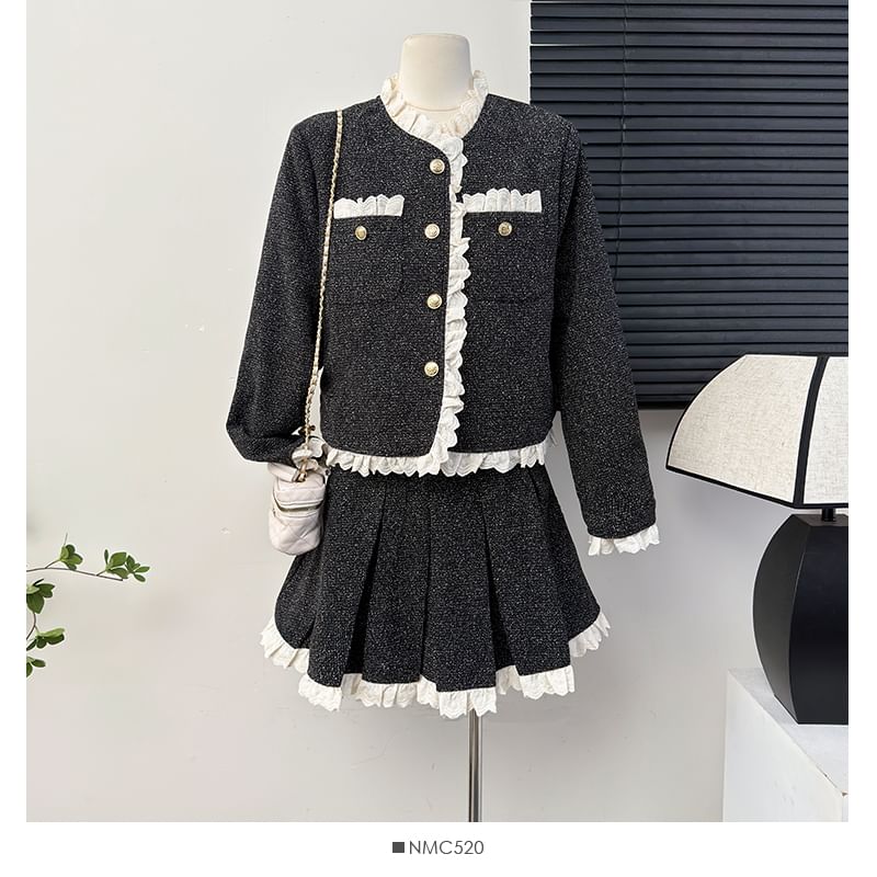 Set: Lace-Trim Tweed Jacket + Pleated Mini A-Line Skirt