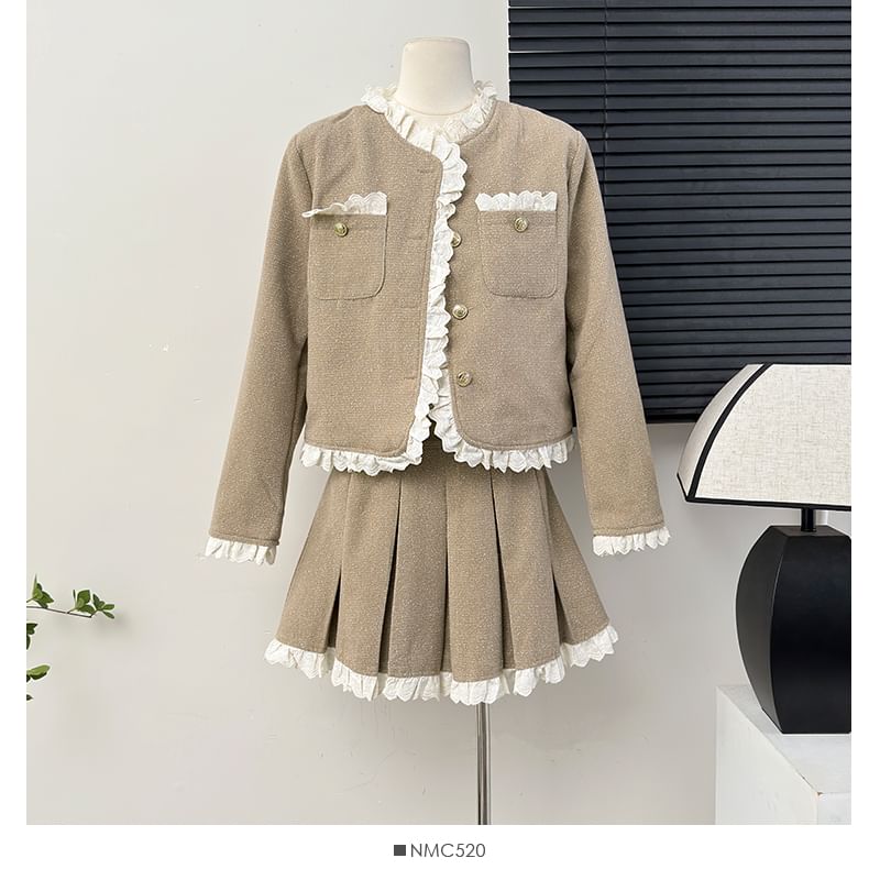 Set: Lace-Trim Tweed Jacket + Pleated Mini A-Line Skirt