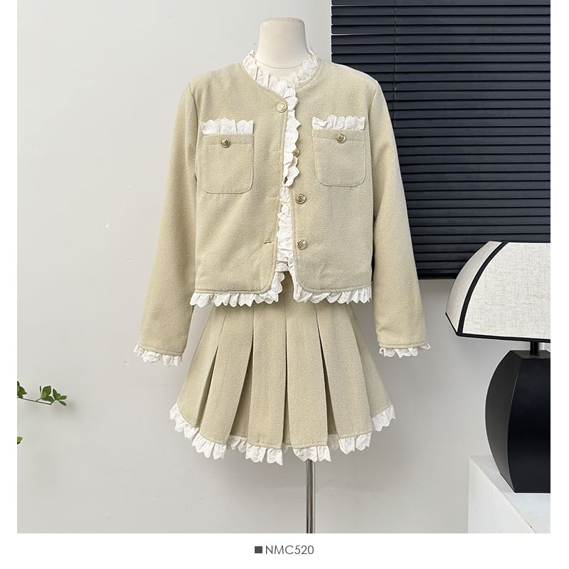 Set: Lace-Trim Tweed Jacket + Pleated Mini A-Line Skirt