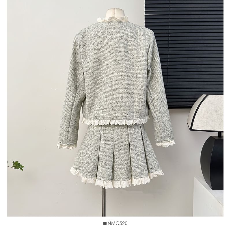 Set: Lace-Trim Tweed Jacket + Pleated Mini A-Line Skirt