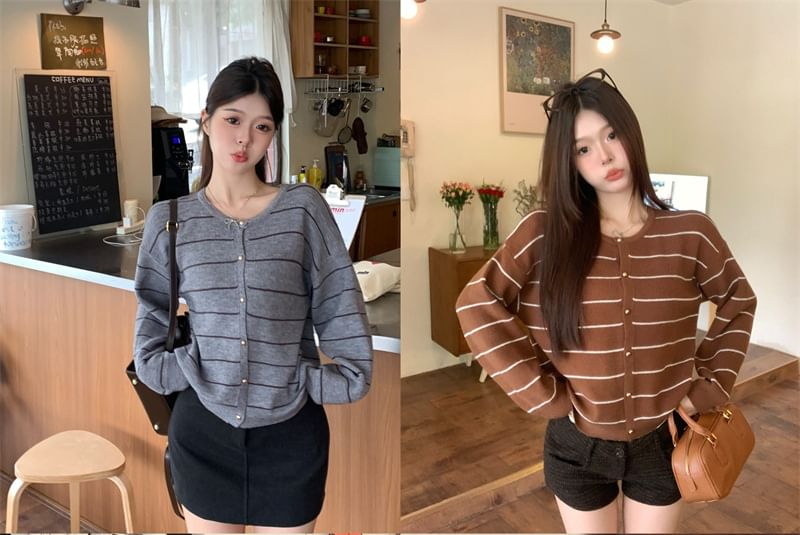 Crew Neck Striped Knit Cardigan