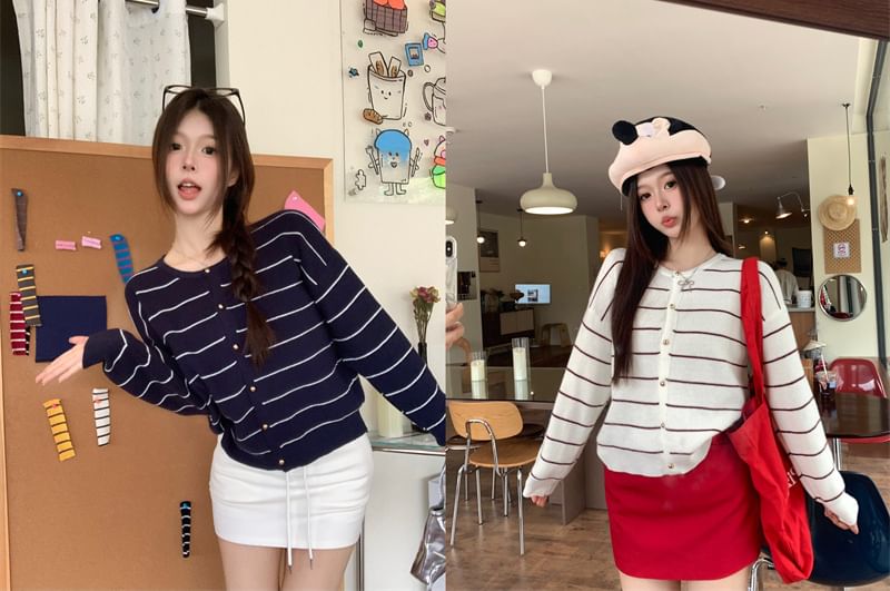Crew Neck Striped Knit Cardigan