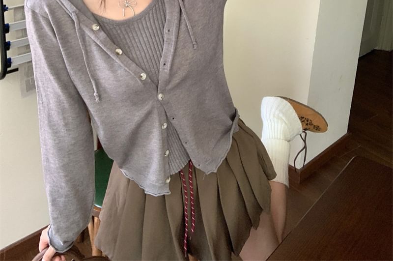 Solid Hooded Mock Two-Piece Knitwear