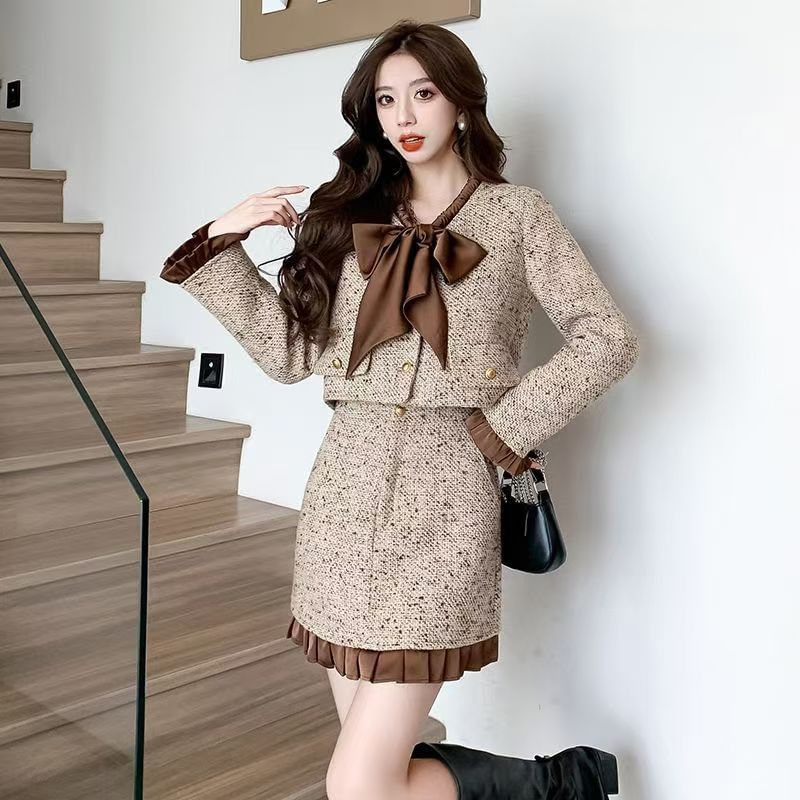 Set: Bow Tweed Cropped Button Jacket + High Waist Frill Trim Mini Pencil Skirt