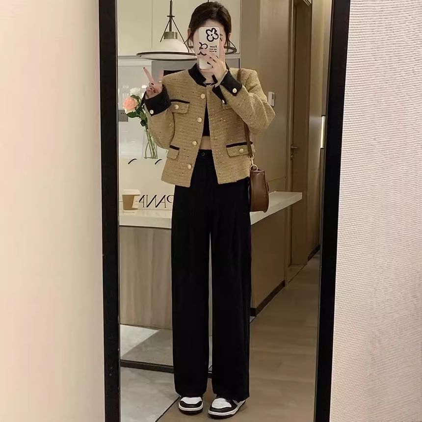 Contrast Trim Tweed Button Jacket