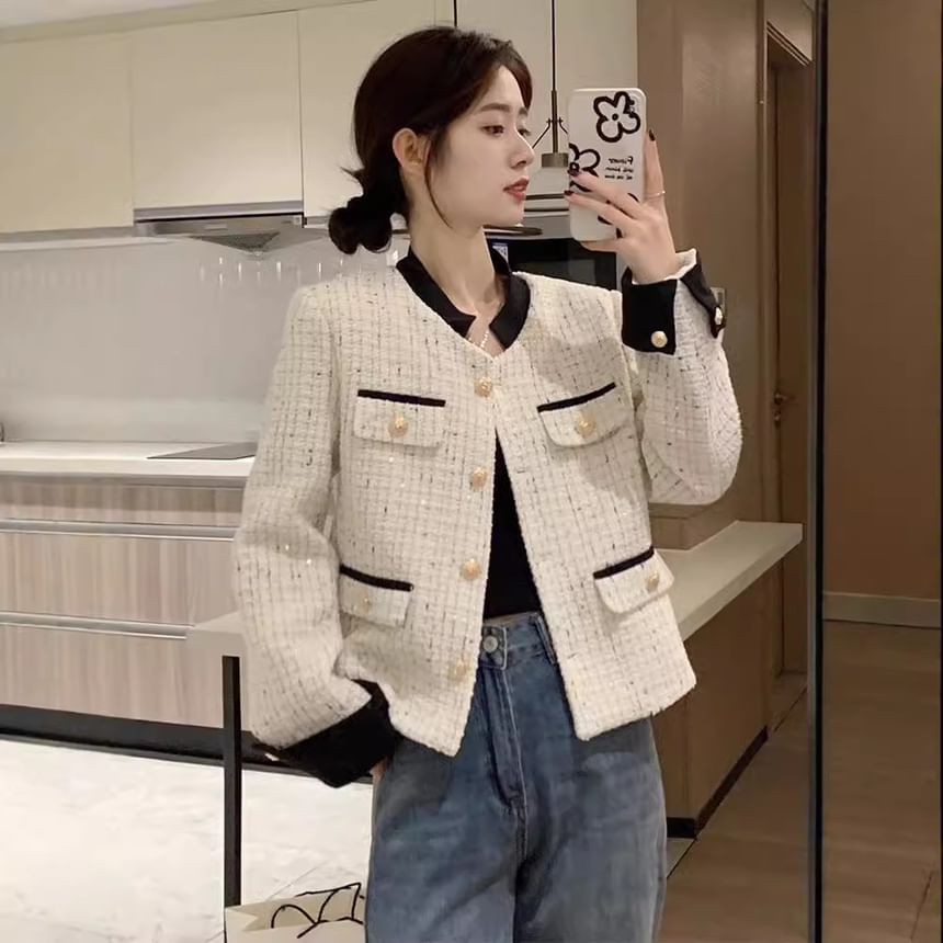 Contrast Trim Tweed Button Jacket