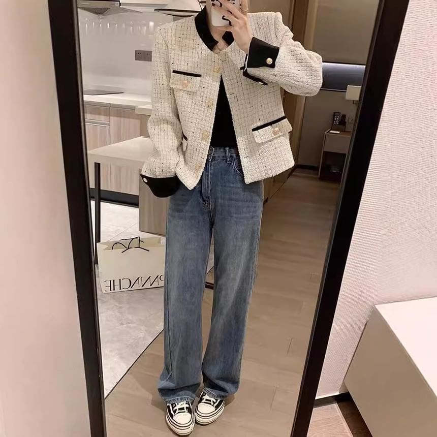 Contrast Trim Tweed Button Jacket