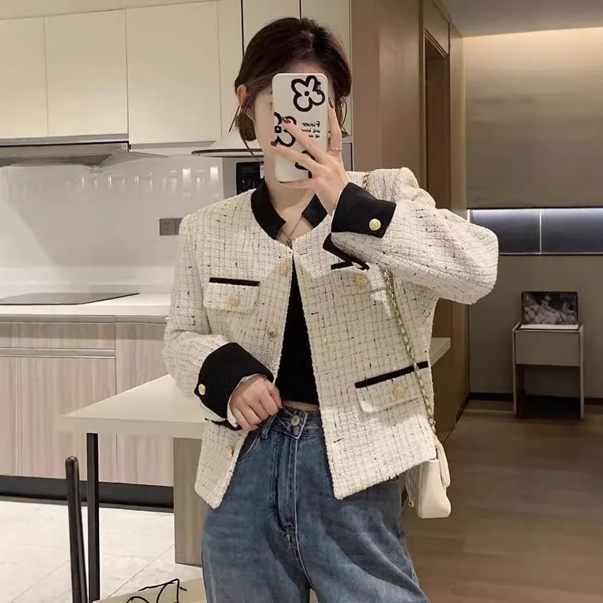 Contrast Trim Tweed Button Jacket