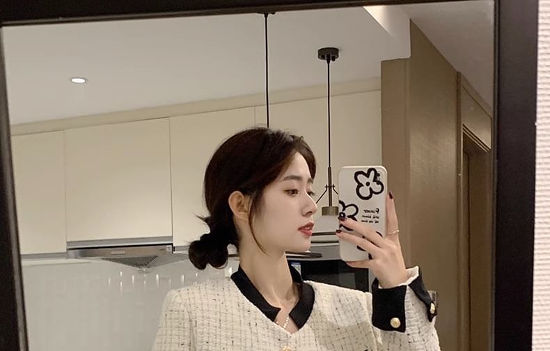 Contrast Trim Tweed Button Jacket